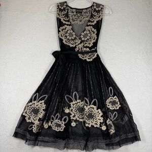 Biya Johnny Was Black Silk Mesh Embroidered Floral Wrap Dress Medium No liner